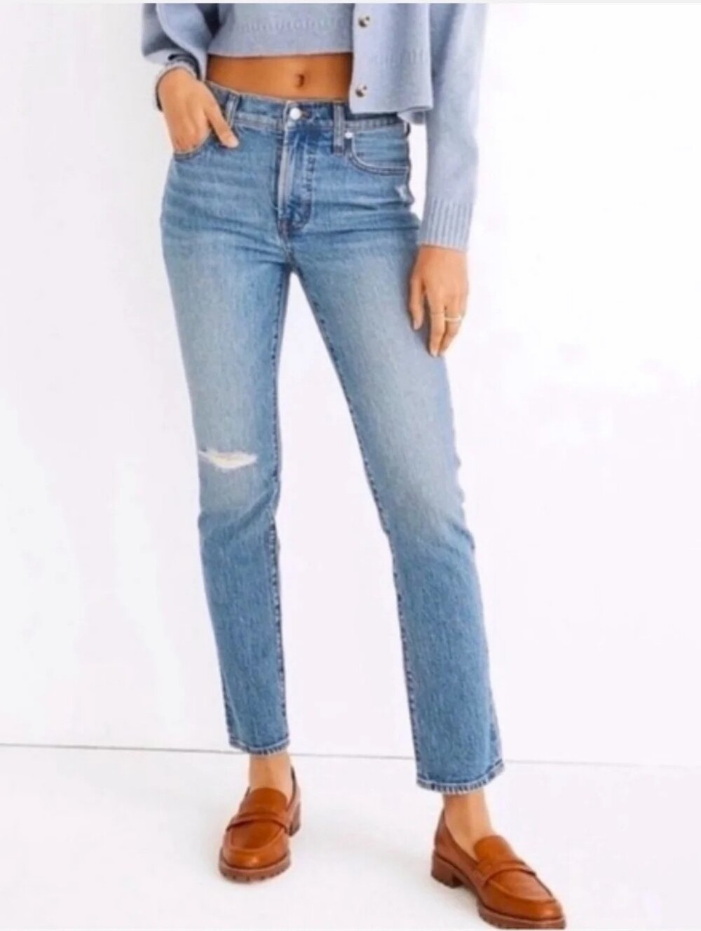 Madewell Perfect Vintage Denim Jeans Size 25 Light Blue Distressed Cropped Crop